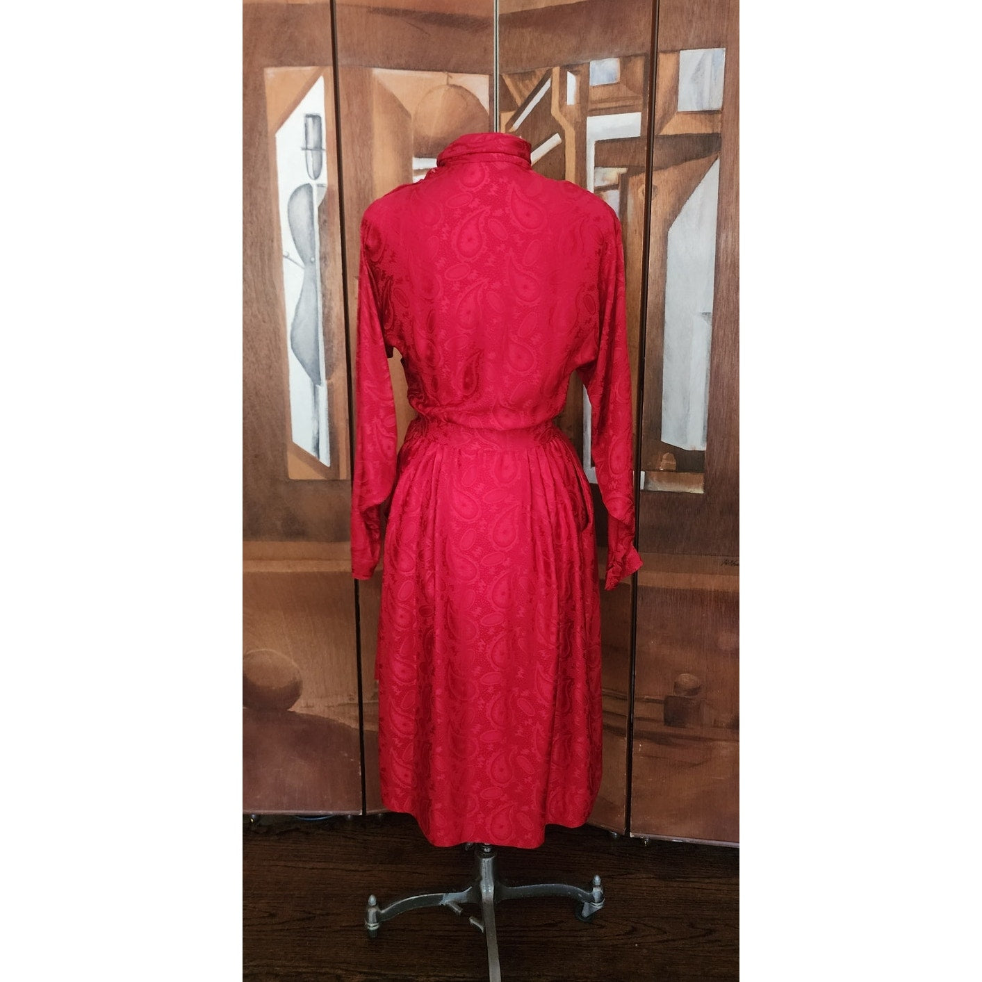 Vintage 1980s Emanuel Ungaro Dress Red Silk Paisley Print I Magnin Long Sleeve Scarf Sash Tie