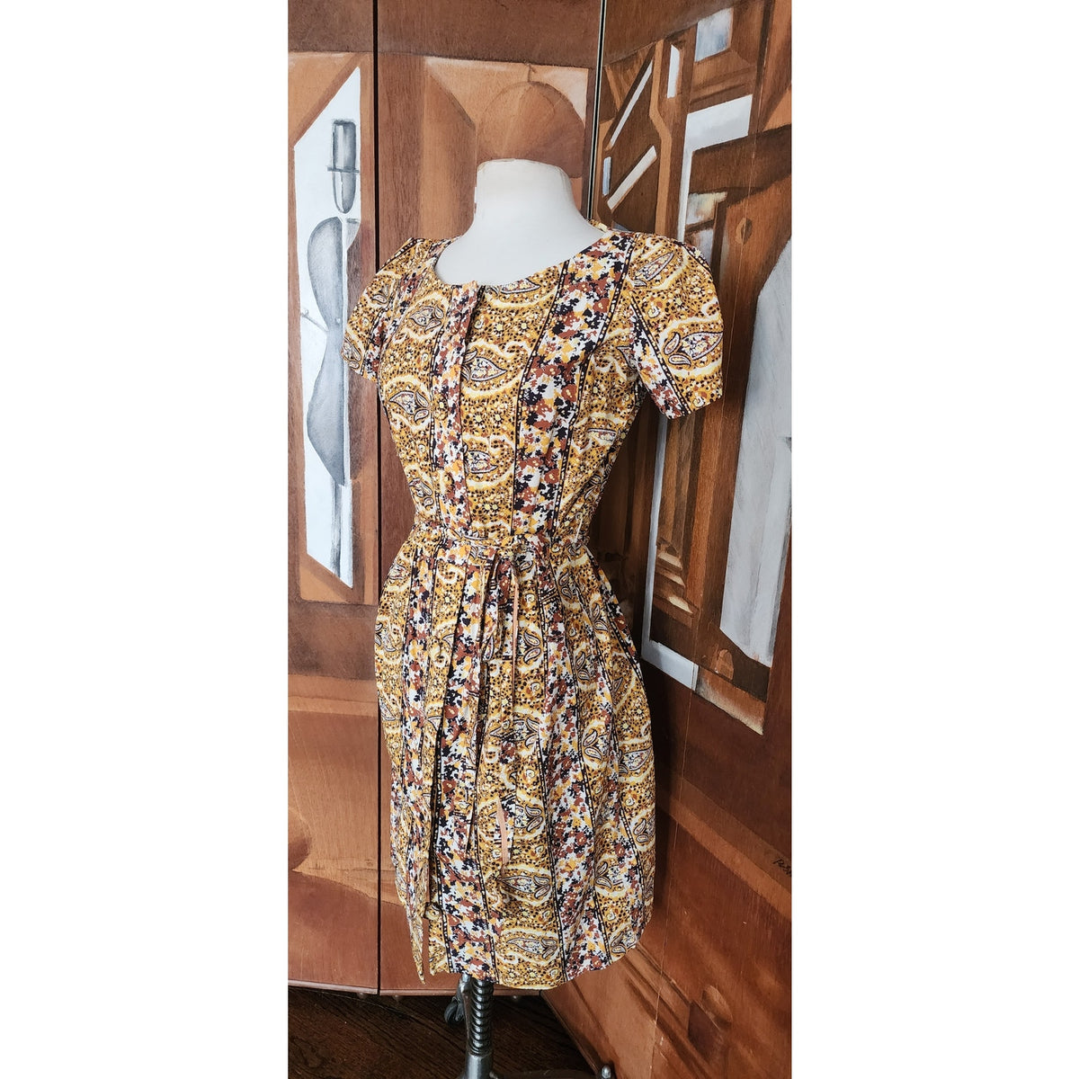 Vintage 1950s Day Dress Yellow Cotton Print Paisley Shirtdress Short Sleeve / M