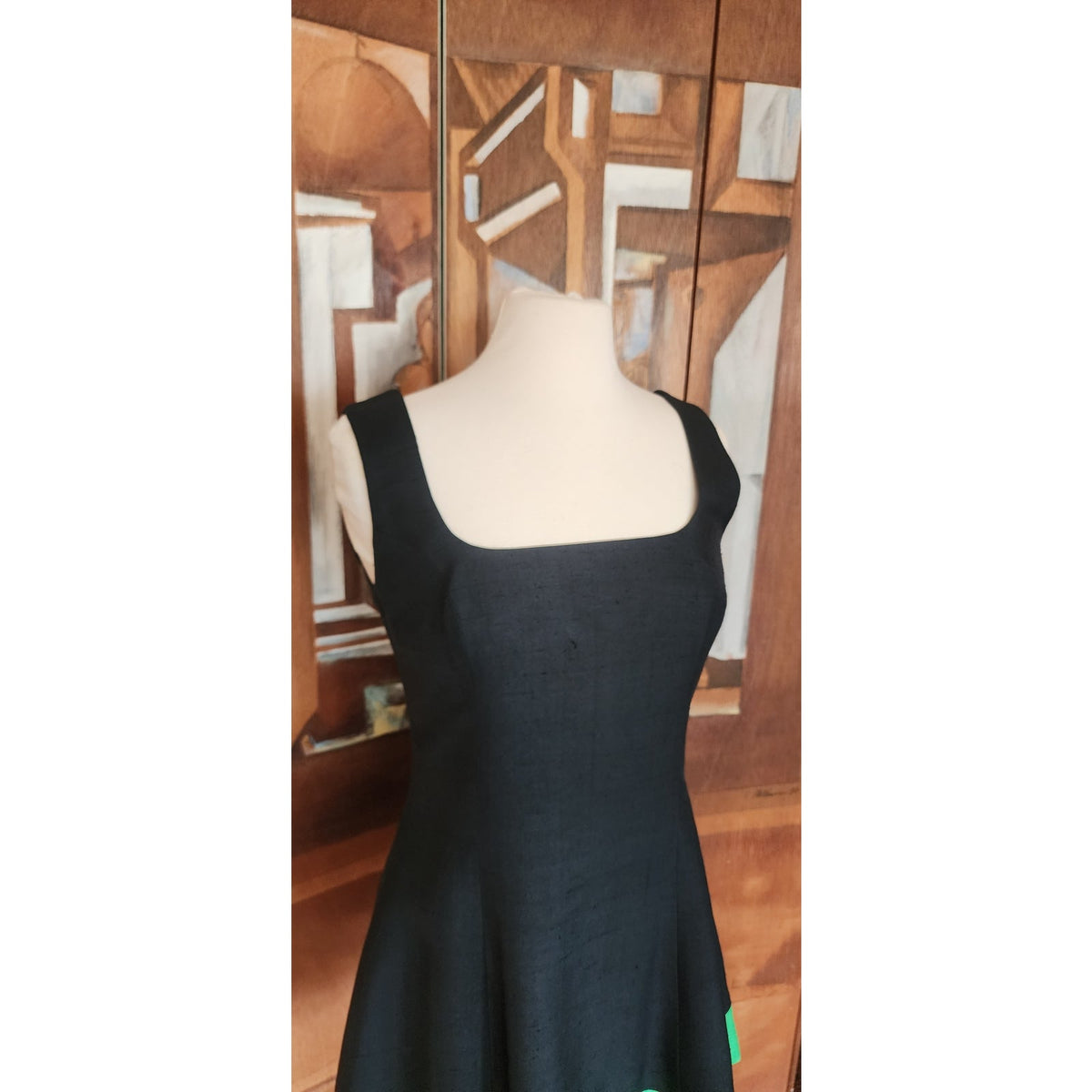 Vintage 1990s Designer Sleeveless Dress Raw Silk Black Green Victoria March Chicago