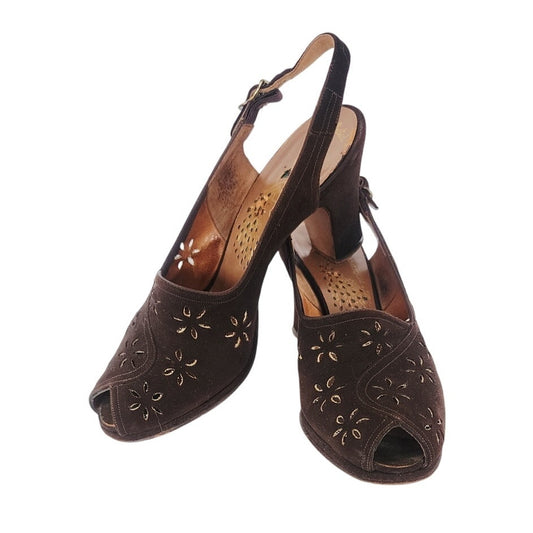Vintage 1940s Brown Suede Shoes by Peacock Slingbacks Heels Cut Out Peep Toe 6.5