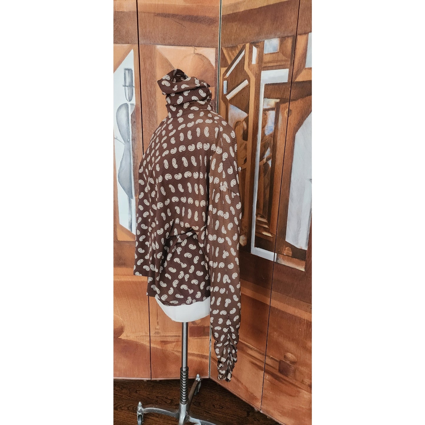 Vintage 80s GENNY Silkprint Blouse Tunic Paisley Print Brown White