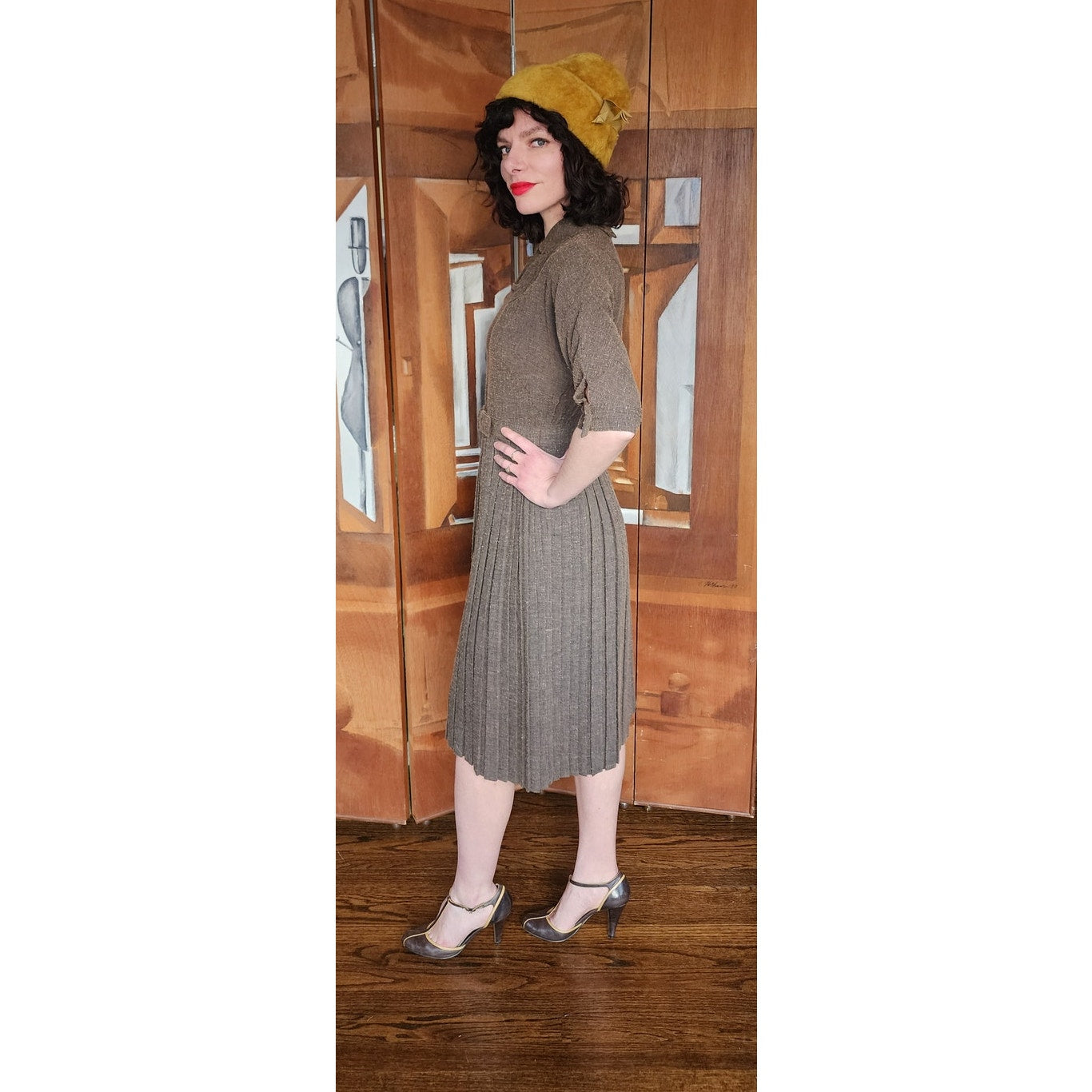 Vintage 40s Brown day Dress w/Belt Nubby Texture Kabro of Houston