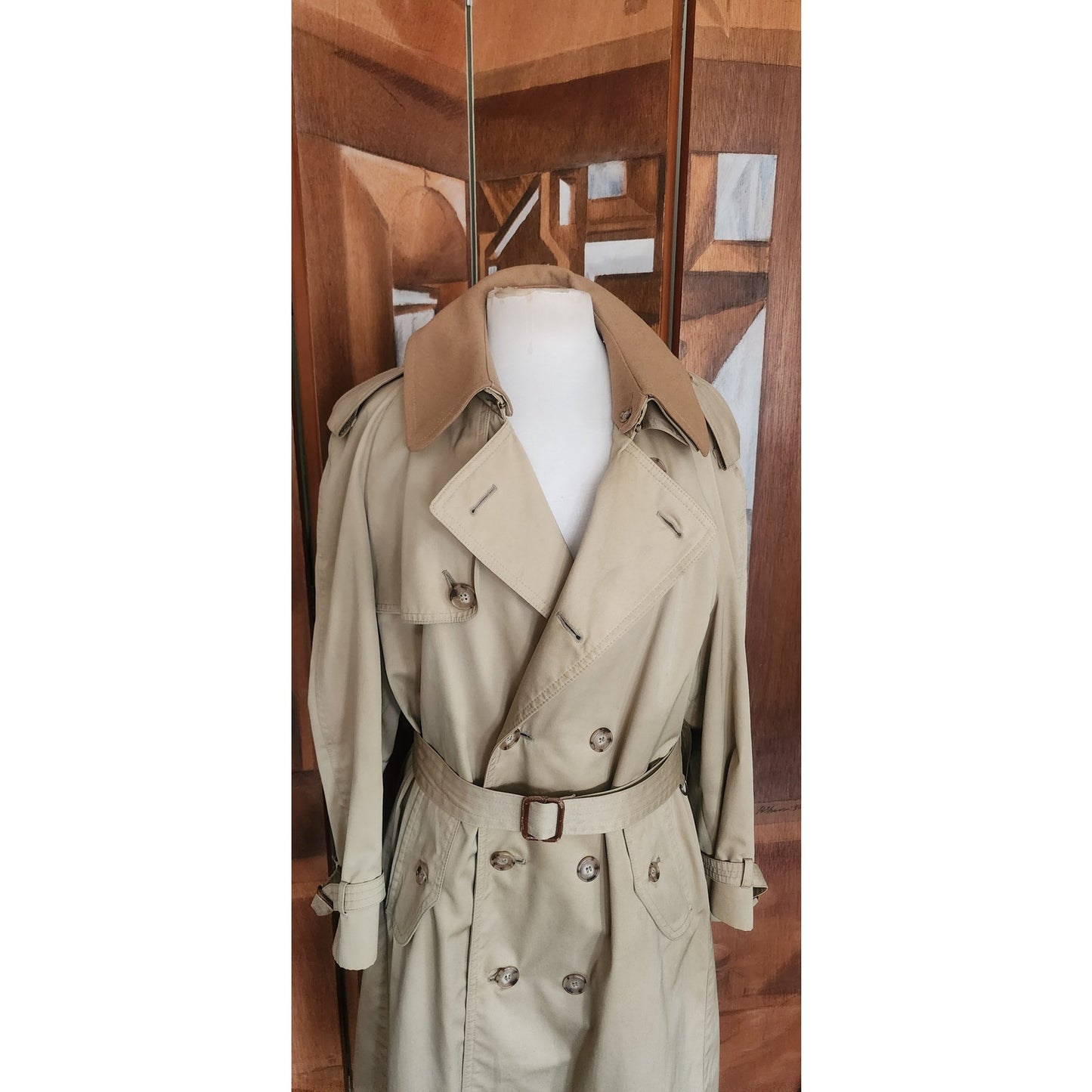 Vintage 80s Lytton's Threadneedle Chicago Mens Beige Trench Rain Coat Belted Wool Collar