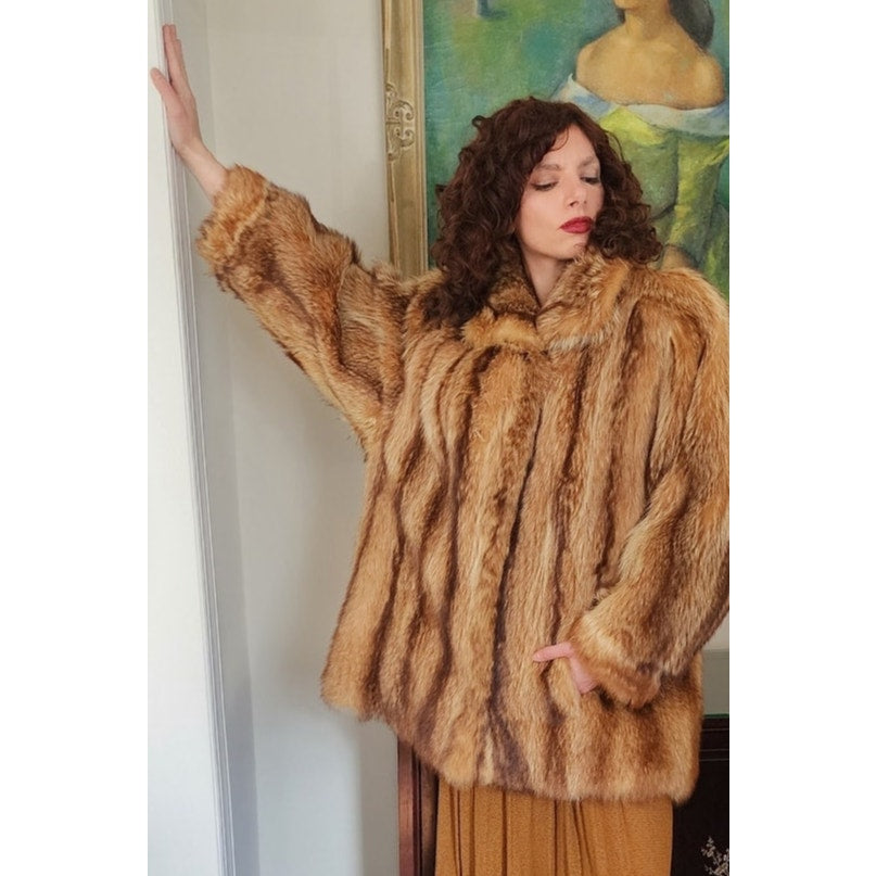 Vintage 70s Fox Fur Coat Hip Length Stripe Pattern / L