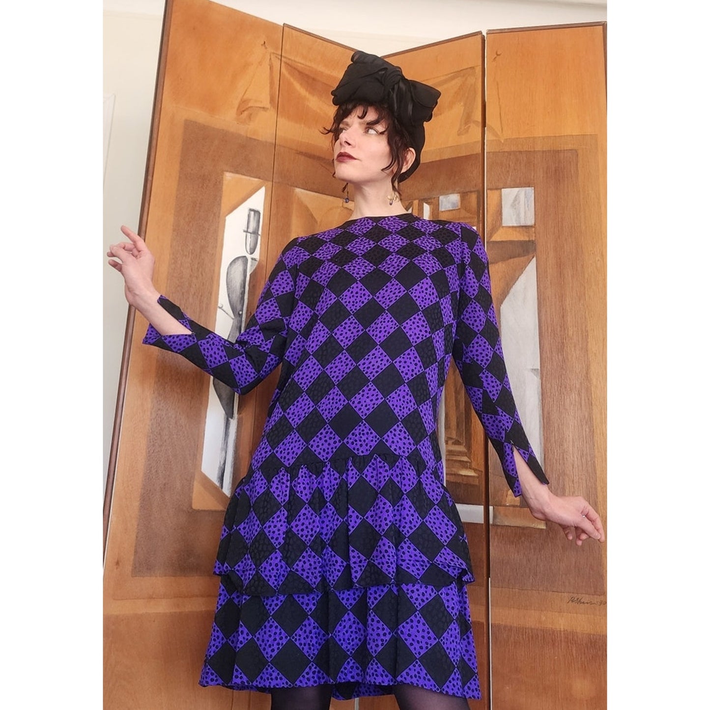 Vintage 1980s GIVENCHY Silkprint Dress Purple Black Harlequin Diamonds Long Sleeved