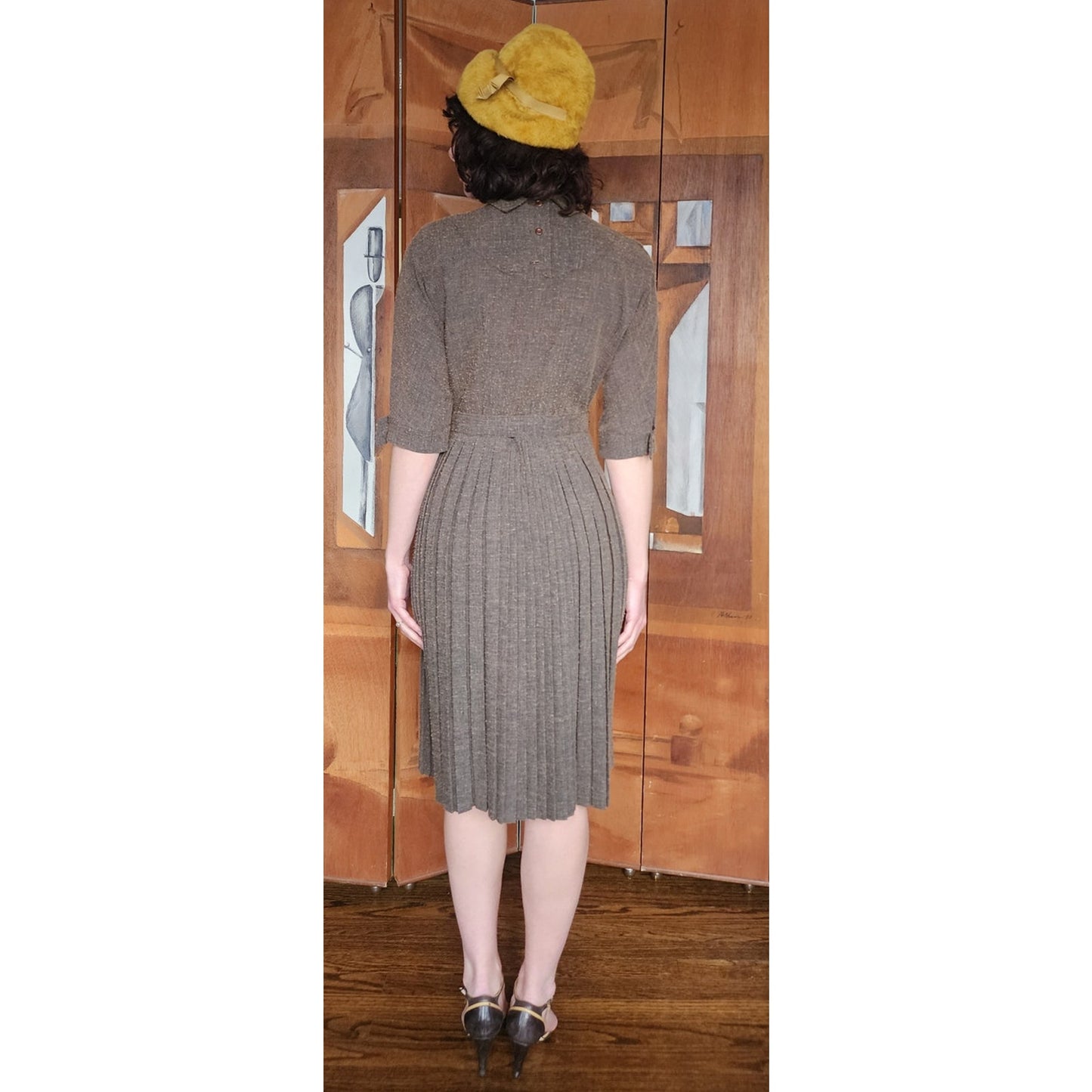 Vintage 40s Day Dress Textured Belted Brown Olive Green Kabro of Houston
