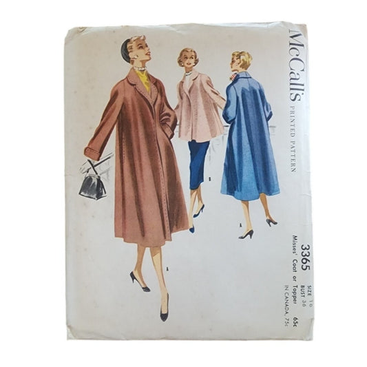 McCall Sewing Pattern 3365 Misses Coat Topper Uncut Vintage 50s Swing