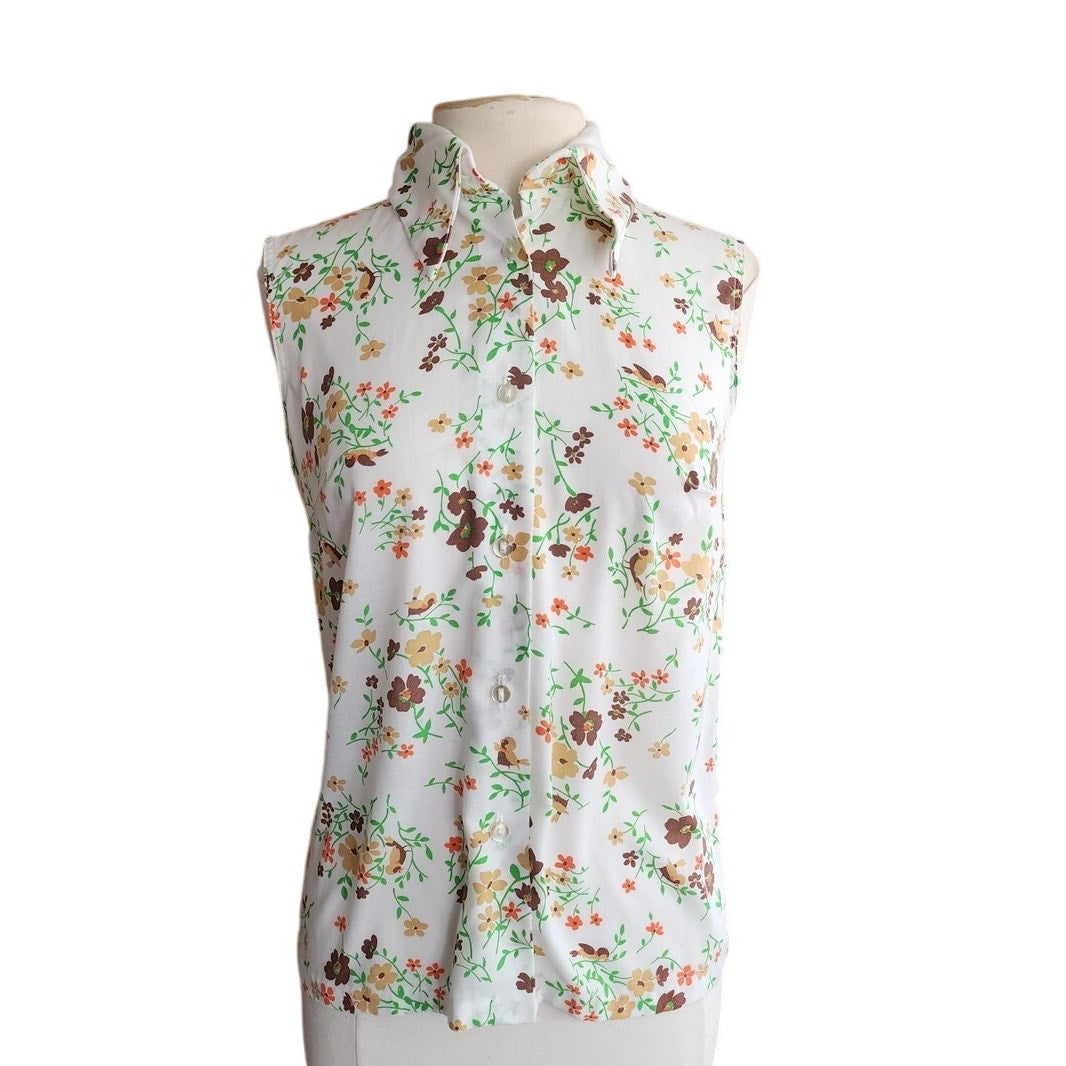 Vintage 70s White Floral & Bird Print Top Sleeveless Shirt / M