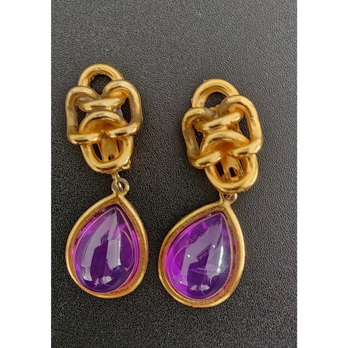 Vintage 1980s Clip Earrings Gold Purple Teardrop Etruscan Revival Chunky Oversized