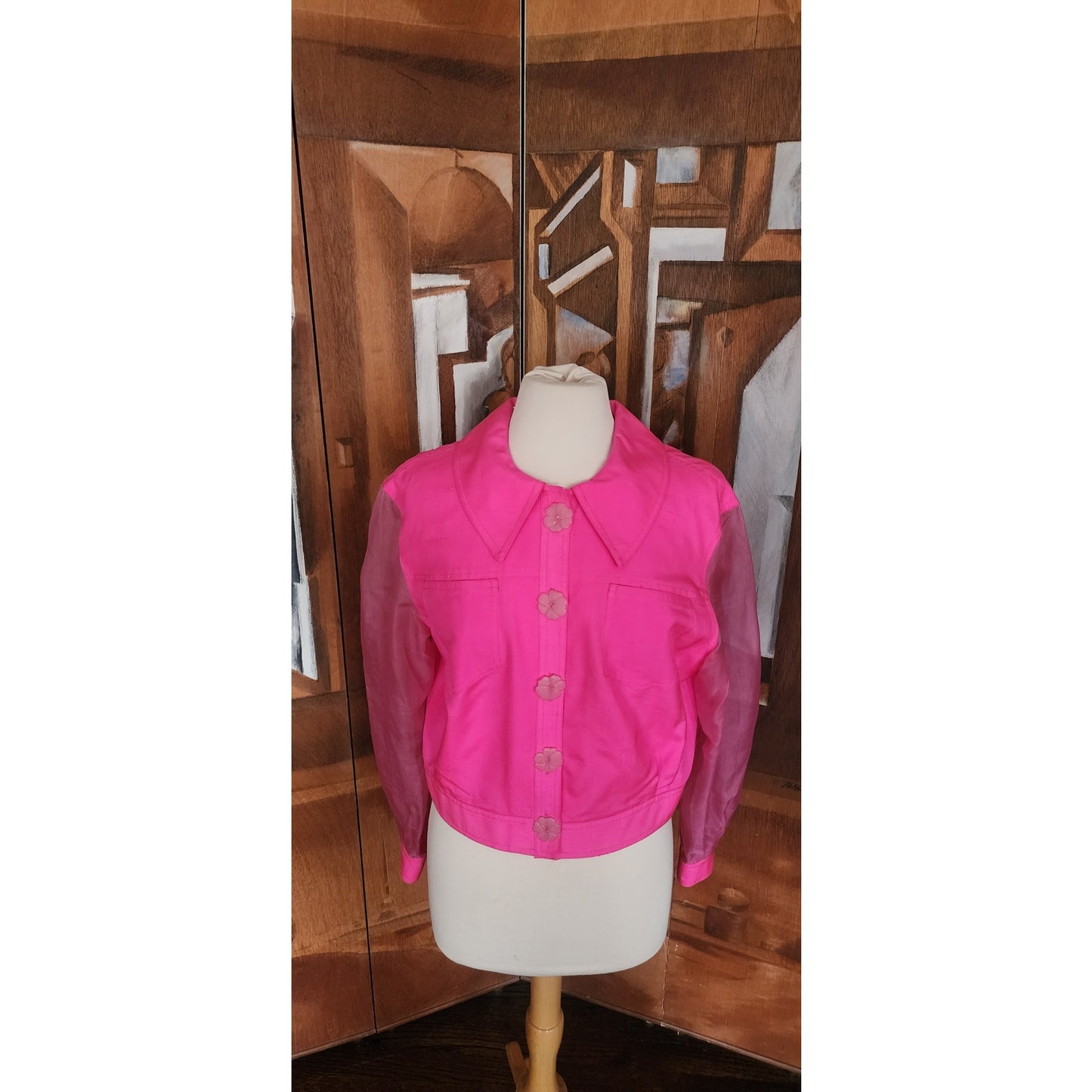 Vintage 90s Pink Silk Jacket Sheer Sleeves Flower Buttons Victoria March Chicago Designer