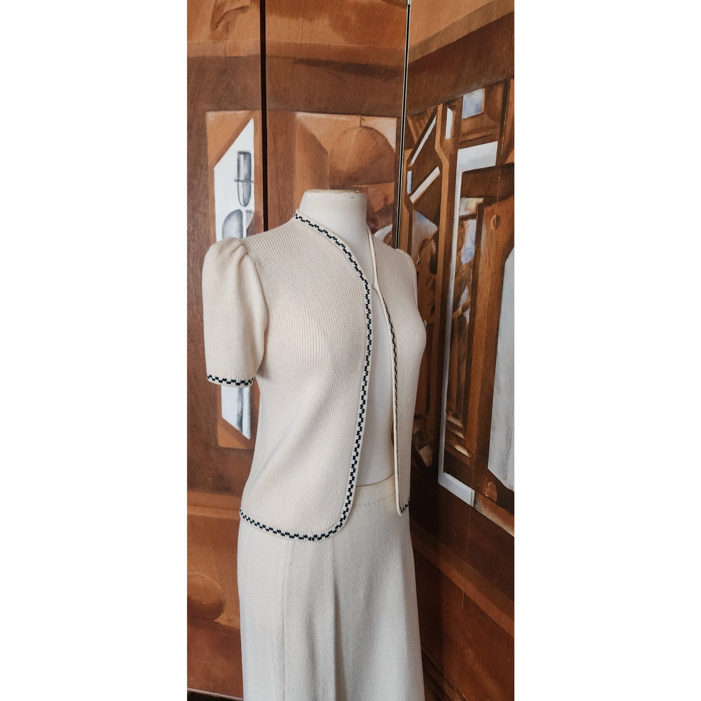 Vintage 80s St. John for Marshall Fields Cream & Black Knit Suit Skirt Jacket