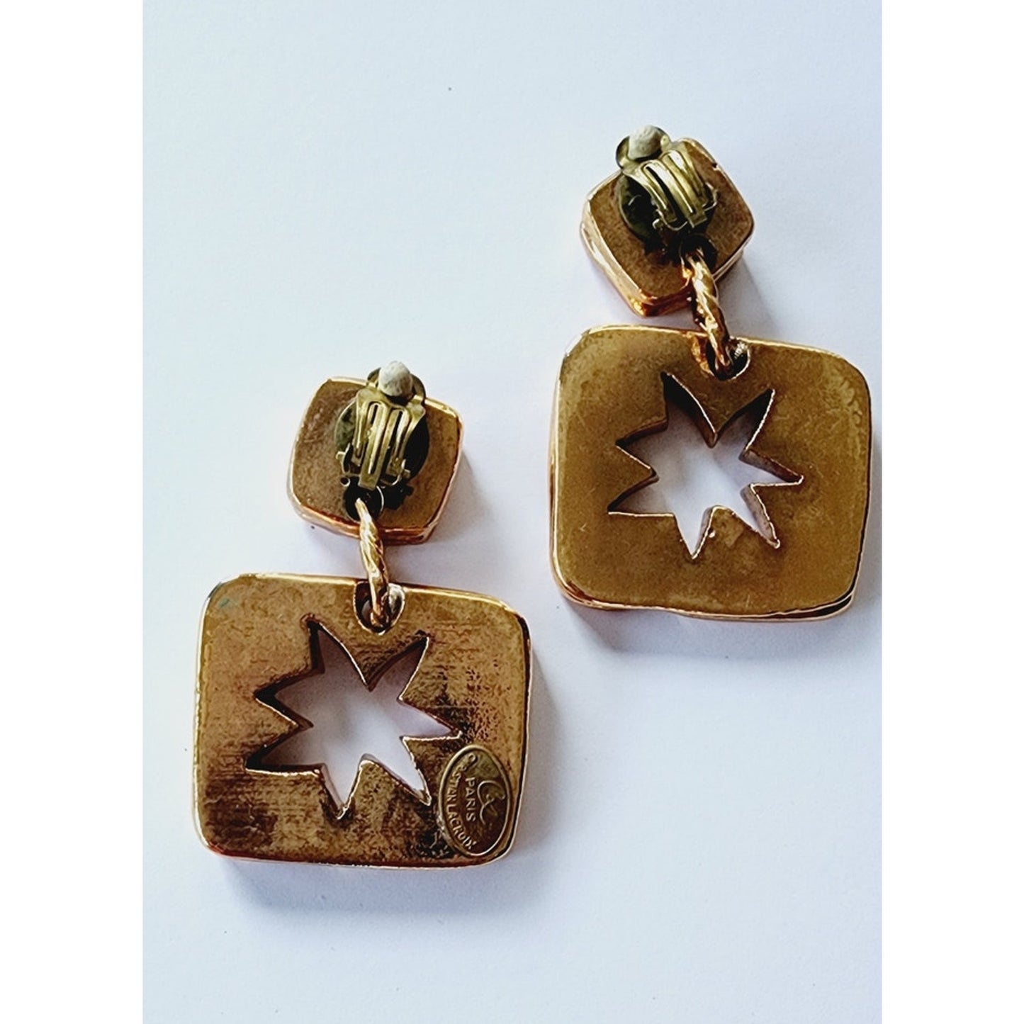 Vintage 1980s Christian Lacroix Earring Clips / Chunky Oversized GOLD CL Logo & Sun