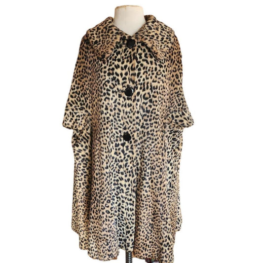 Vintage 60s Leopard Print Cape Faux Fur Poncho Swing Style Coat