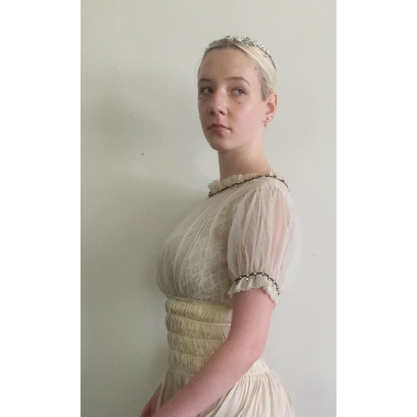 Vintage 1930s Cream Silk Dress Lace & Rhinestone Embroidery