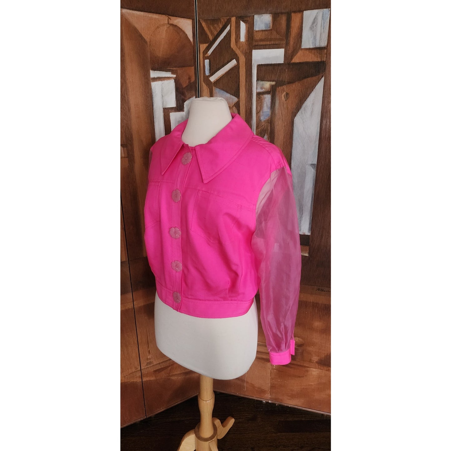 Vintage 90s Pink Silk Jacket Sheer Sleeves Flower Buttons Victoria March Chicago Designer