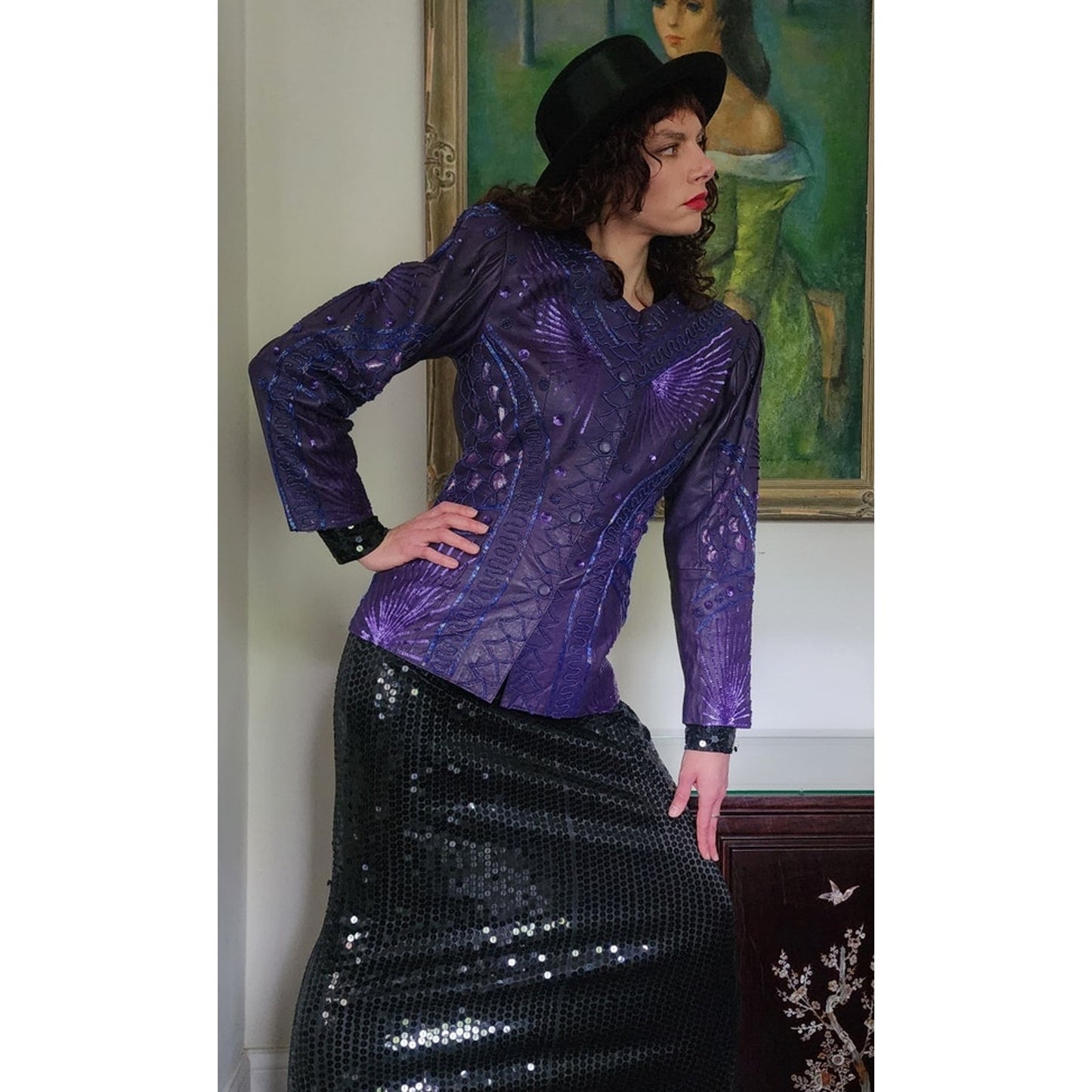 Vintage 80s Purple Leather Blazer Beaded Sequined Jacket French Collizioni / M