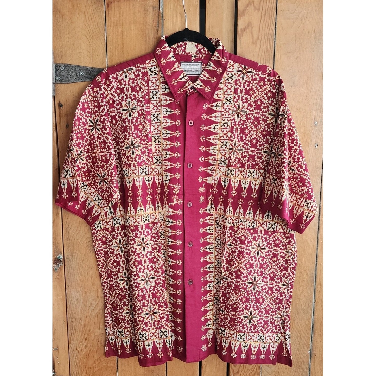 Vintage Mens 60s Tiki Print Shirt Winotosastro Red Batik Hawaiian Style / L