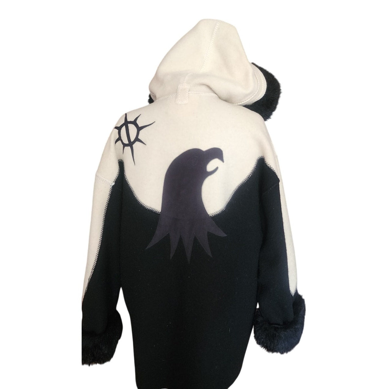 Vintage 1980s Linda Lundstrom La Parka Guardian Eagle Coat Art to Wear Hooded Faux Fur + Liner