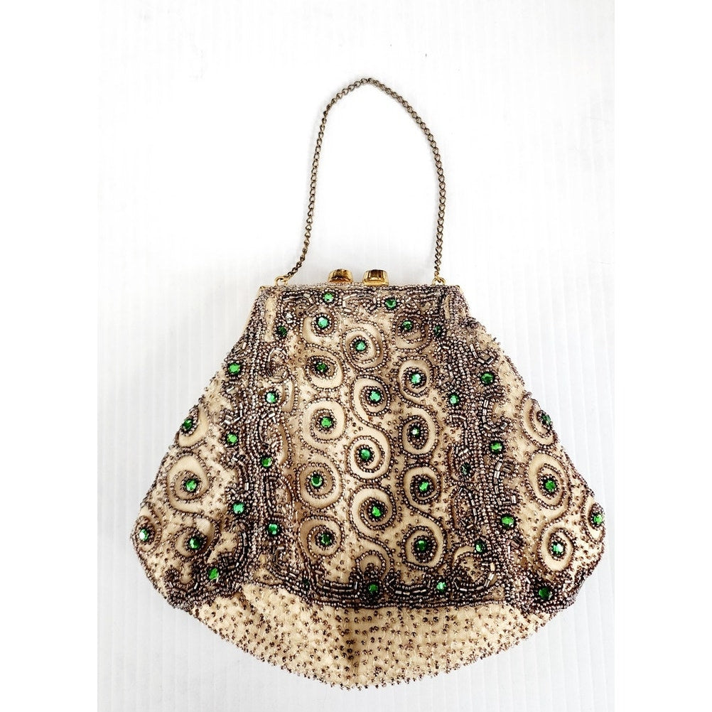 Vintage 30s Beaded Evening Bag Green Rhinestone Scrollwork