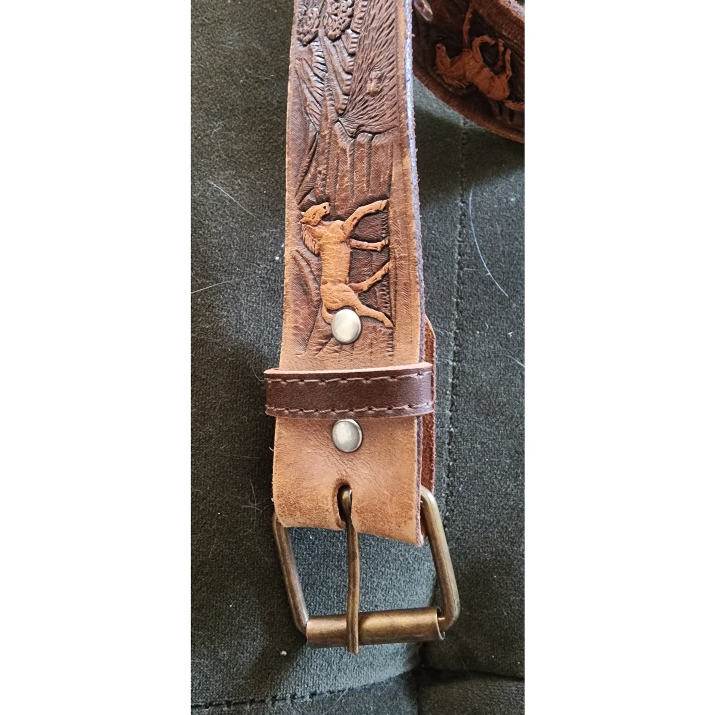 Vintage 1970s The Rowel Brown Belt Tooled Leather Horses Trees Cowboy Western