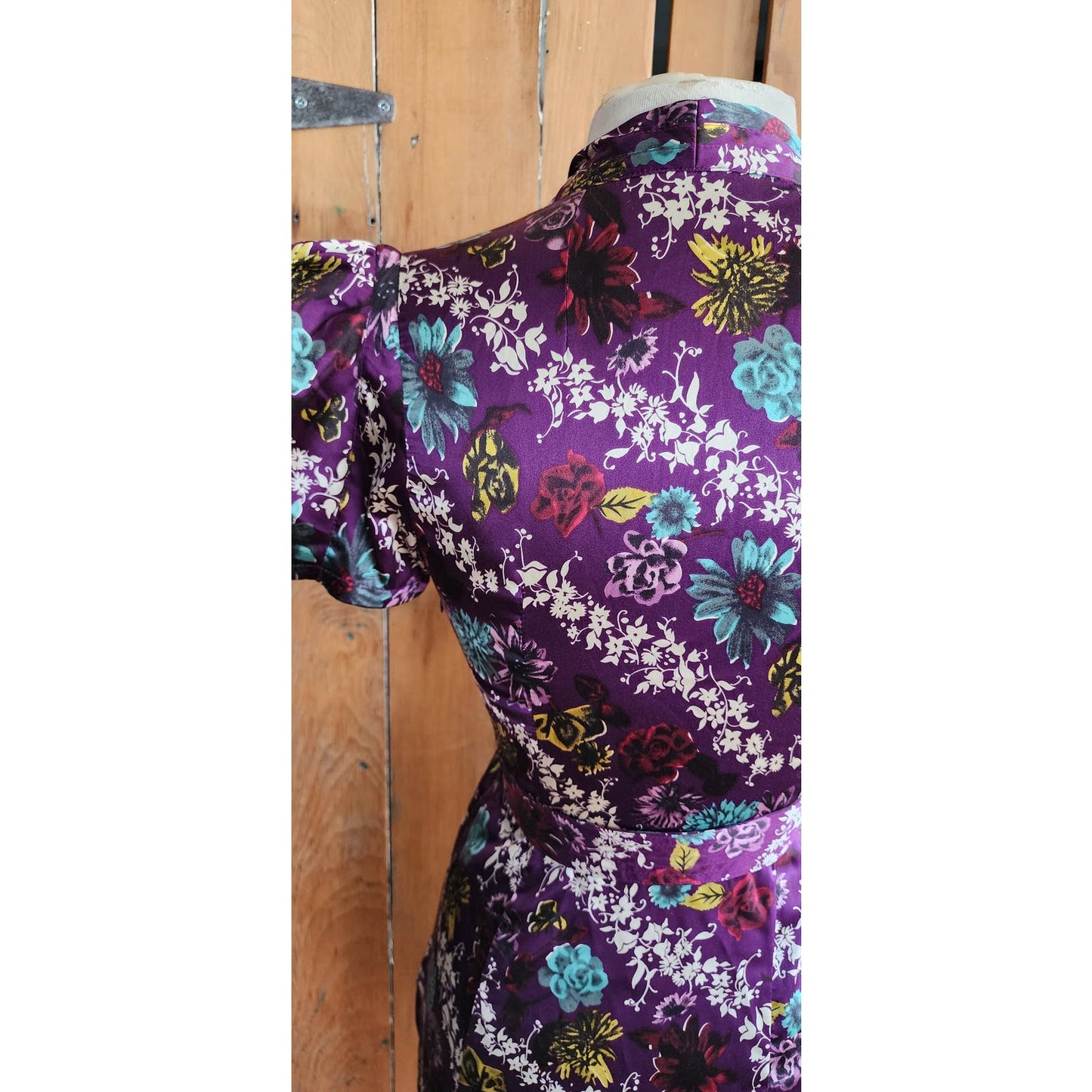 Vintage Betsey Johnson Purple Dress Floral Silkprint Puffed Sleeves
