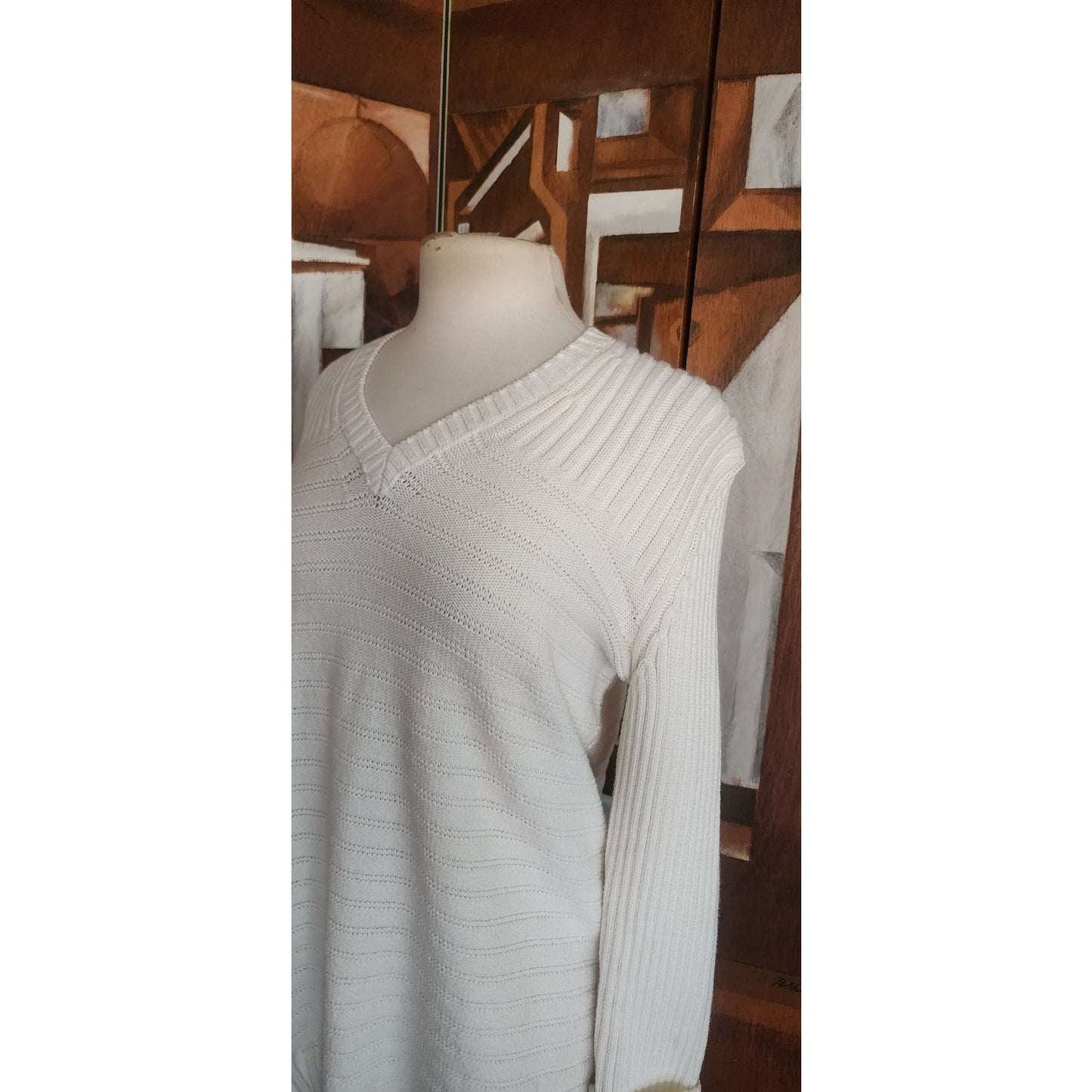 Vintage 1990s Sonia Rykiel Sweater White Knit V Neck Tunic Jumper Textured Stripe Oversized