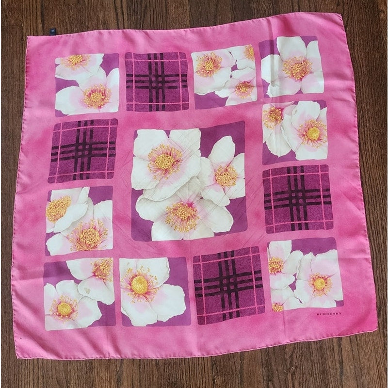 Vintage Burberry Scarf Pink Floral Silk Print Square