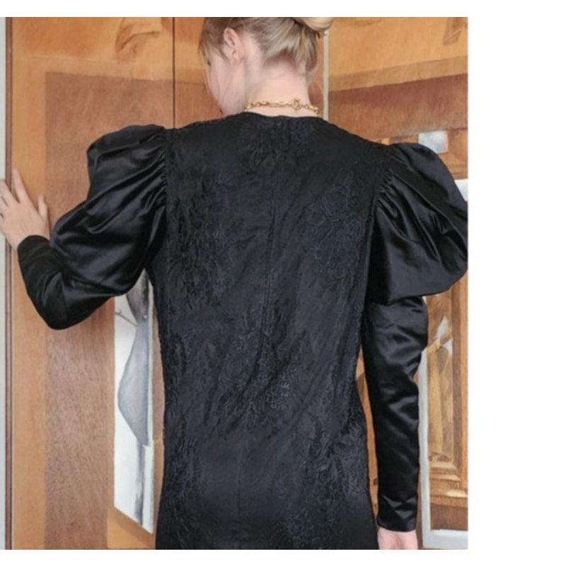 Vintage 80s GALAN0S Couture Dress Black Lace Evening Gown Sculpted Puffed Shoulders