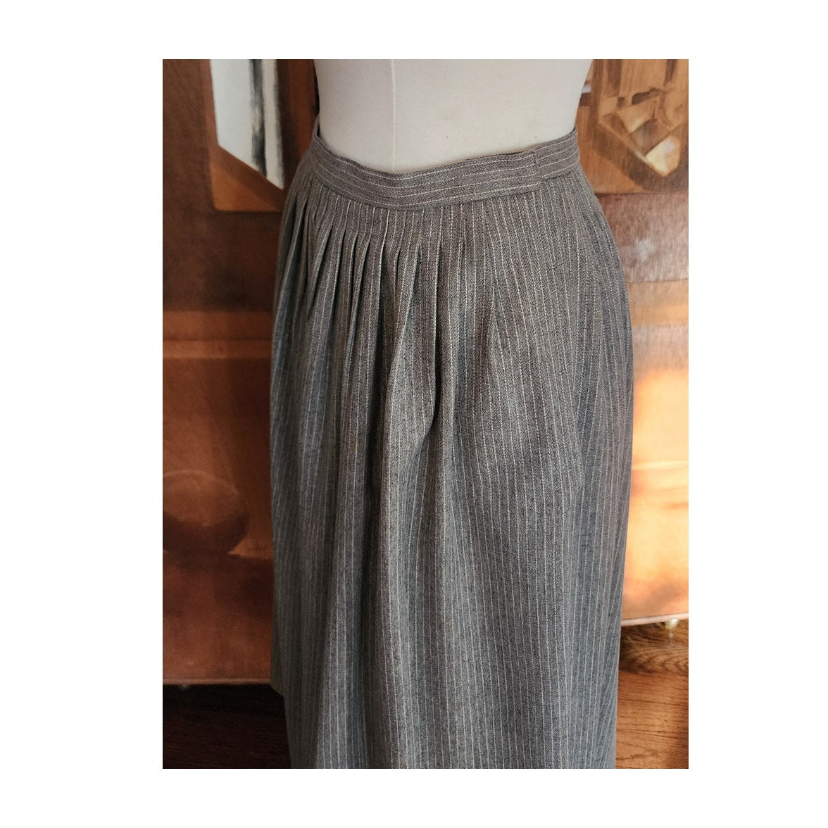 Vintage 70s Geoffrey Beene Bag Midi Skirt Gray Pinstriped Wool A Line / M