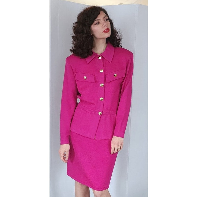 Vintage 80s St John Knit Skirt Suit Hot Pink Fuschia Santana Wool Blend