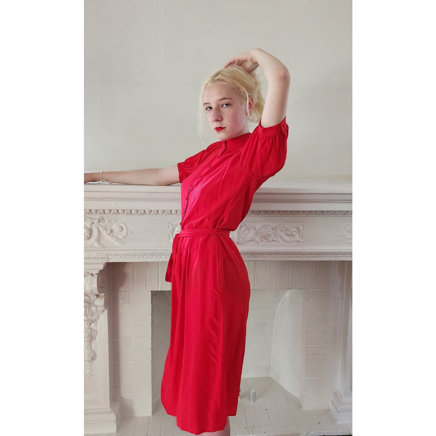 Vintage 80s Red Silk Dress Short Sleeves Belted
