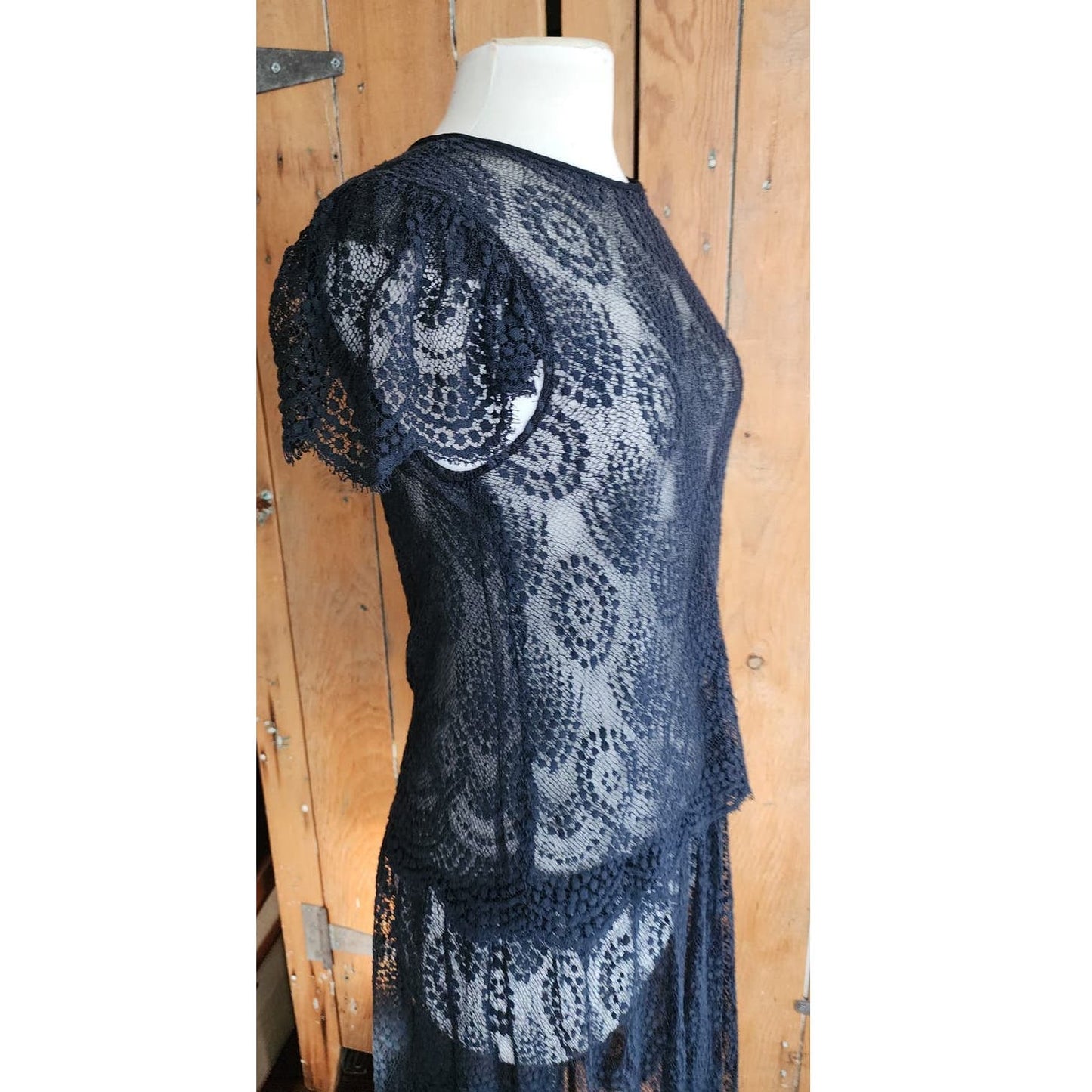 Vintage Black Lace Sheer Dress Drop Waist Short Sleeves