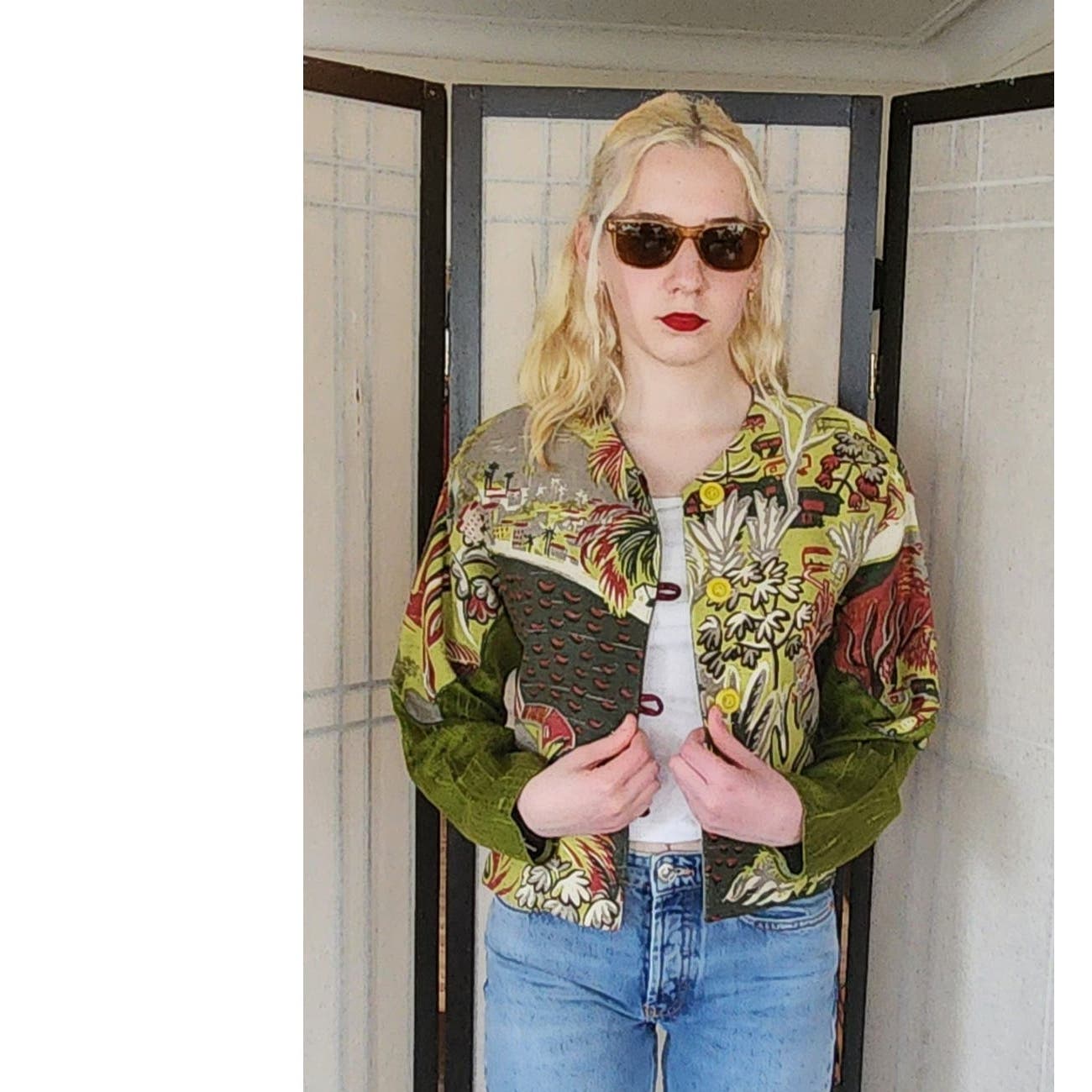 90s Cropped Blazer Novelty Print Sante Fe Style Village Cotton Canvas