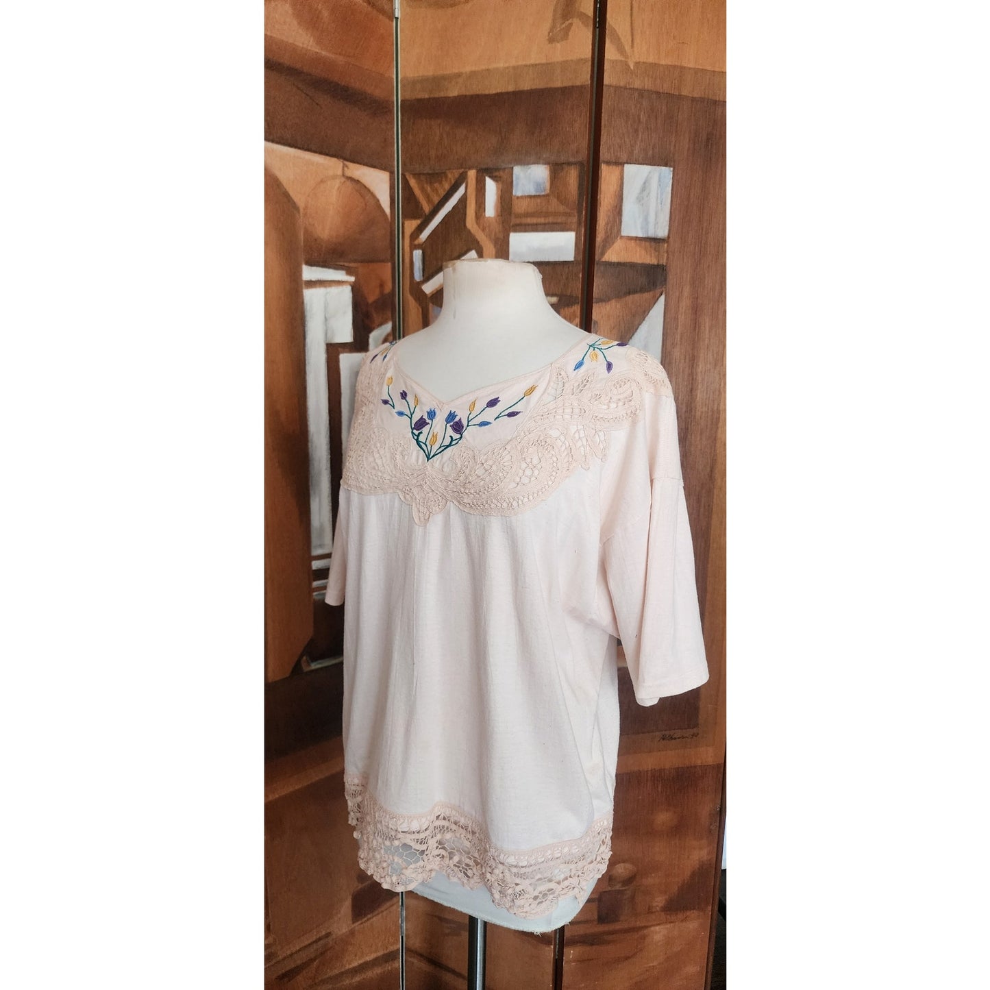 Vintage 70s Peasant Blouse Embroidered Cream Cotton Lace Short Sleeves