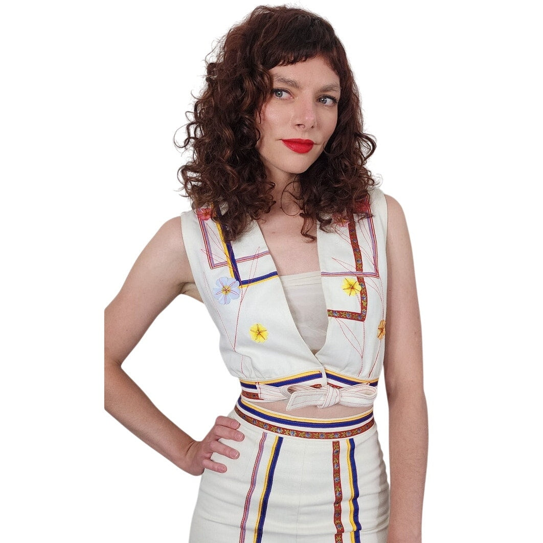 Vintage 1970s Marshall Rouso Skirt + Vest Set in Embroidered Denim / XS