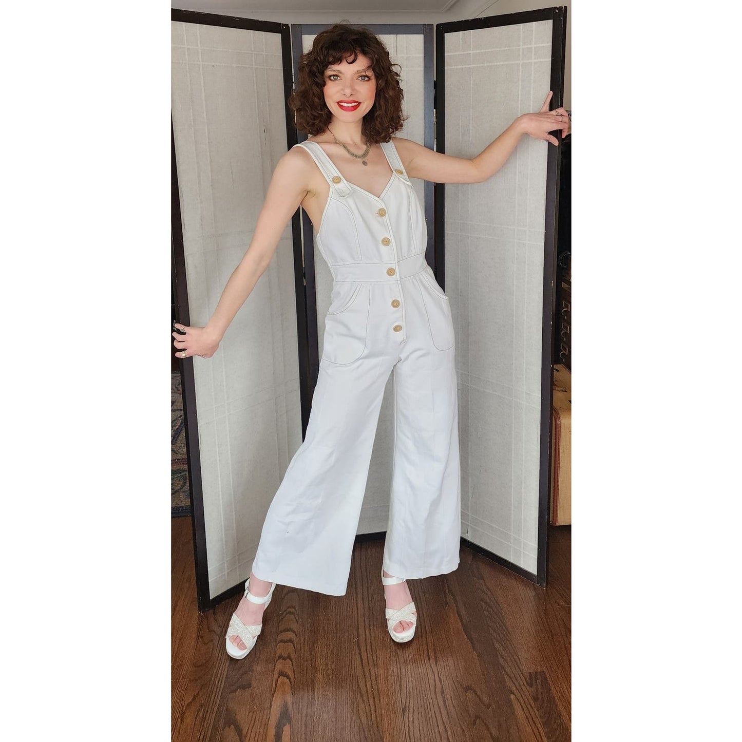 Vintage 70s Jumpsuit in White Cotton Big Pockets