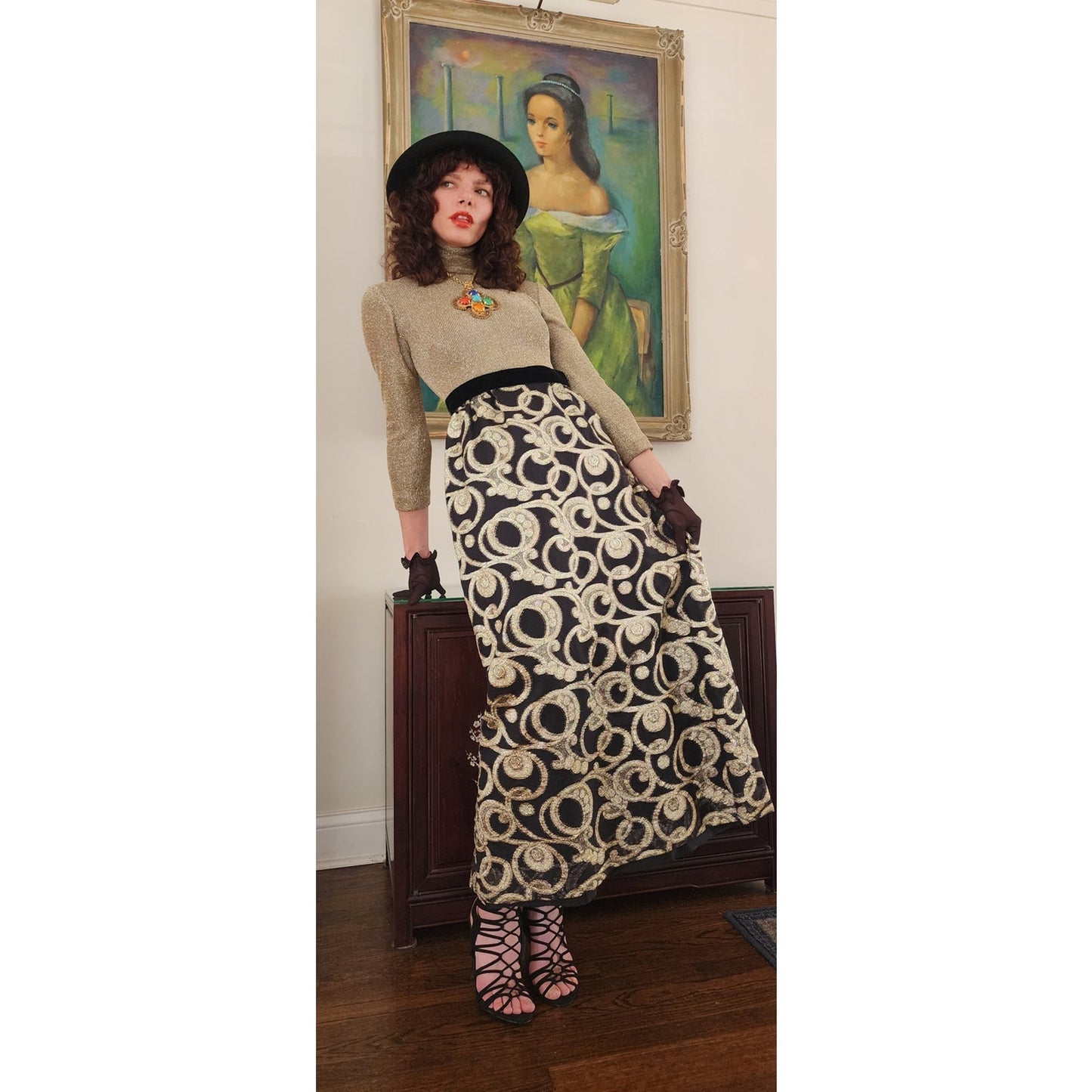 Vintage 1970s Gold & Black Maxi Dress Metallic Spiral Swirl / S