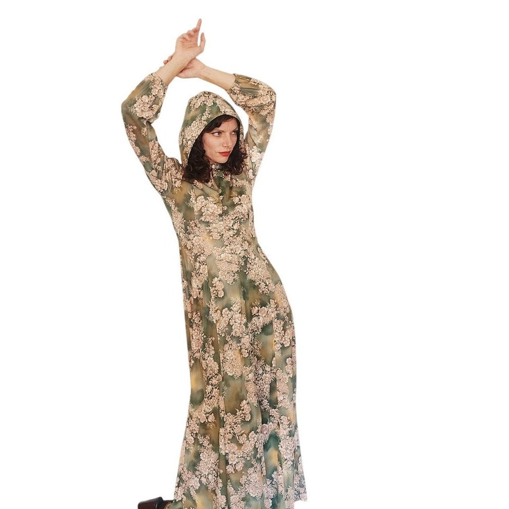 Vintage 1970s Kristie Lou Dress Hooded Floral Maxi Long Sleeve Woodland Fairy