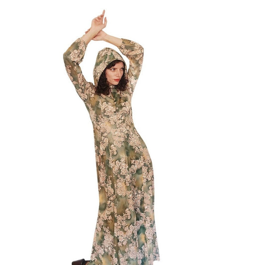 Vintage 1970s Kristie Lou Dress Hooded Floral Maxi Long Sleeve Woodland Fairy