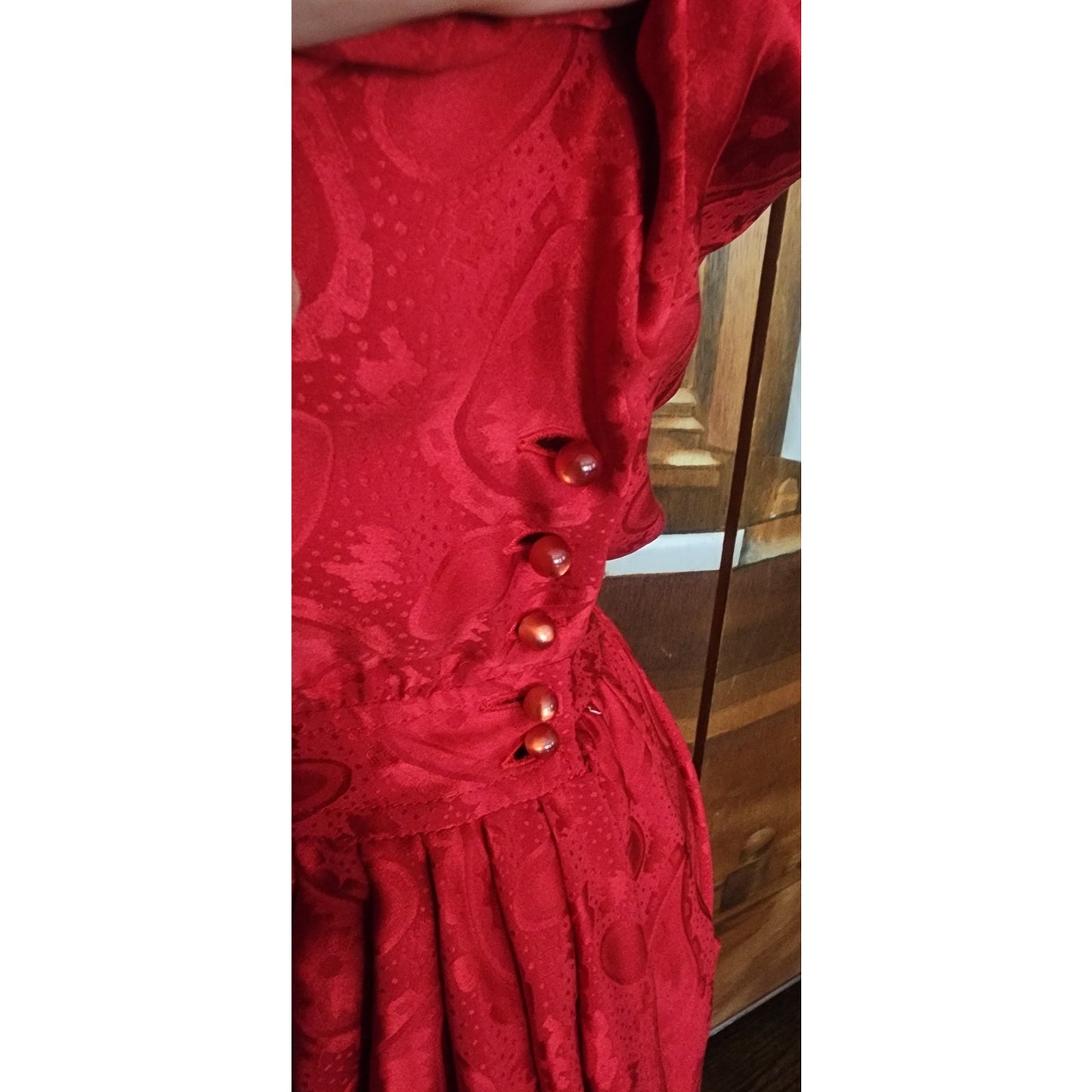 Vintage 1980s Emanuel Ungaro Dress Red Silk Paisley Print I Magnin Long Sleeve Scarf Sash Tie