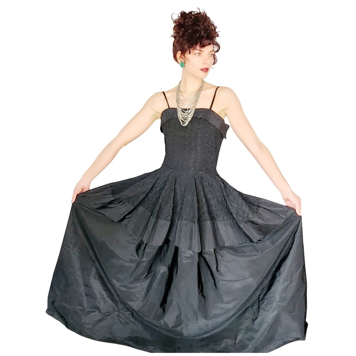 Vintage 1940s Black Evening Dress Crinkled Taffeta Sleeveless / M