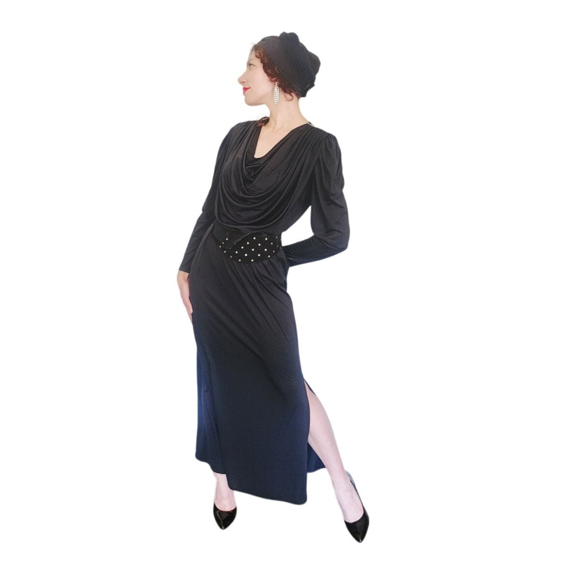 Vintage 1980s Oscar de la Renta Evening Dress Black Liquid Jersey Rhinestones Cowl Neck M