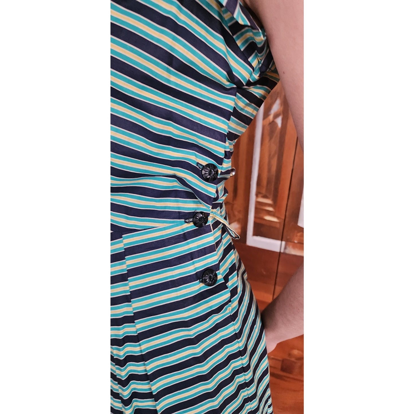 Vintage 50s Striped Fit and Flare Midi Day Dress Green Black Short Sleeves