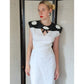 Vintage 80s Dress White Cotton Black Leather w/Cut Outs & Open Back