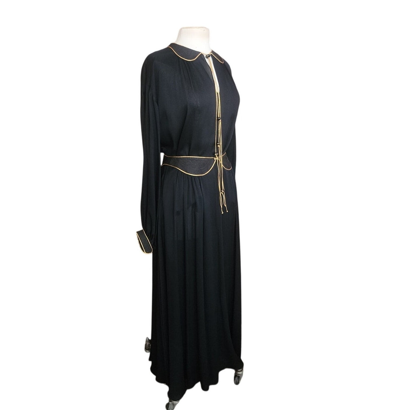 Vintage 1970s Geoffrey Beene Set Black Jersey Blouse Maxi Skirt Gold Trim Boho