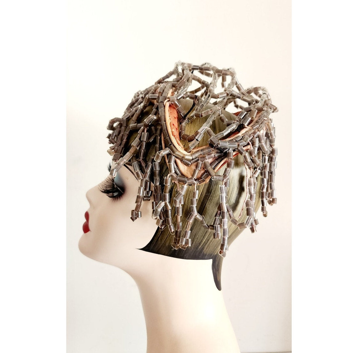 Antique Beaded Headress In Gray Beading Medusa Flapper