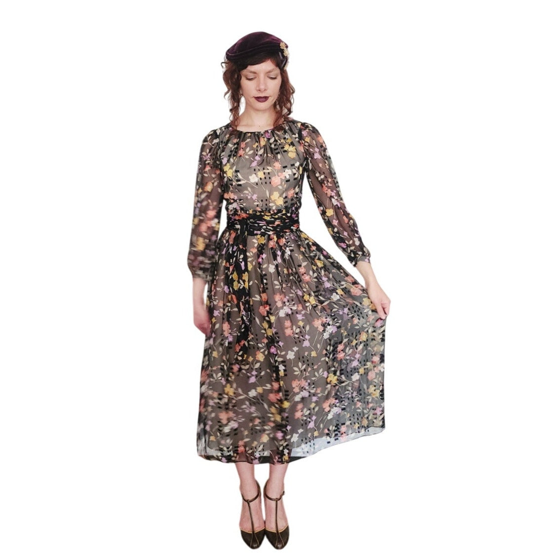 Vintage 1970s Dark Floral Print Dress Gauzy Maxi Sash Tie Belt