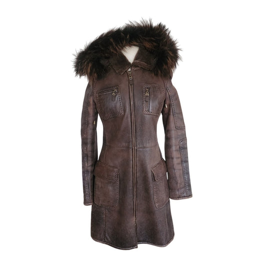 Vintage Y2K Brown Leather Parka Coat w/Fur Lined Hood & Shearling Liner Fitted S