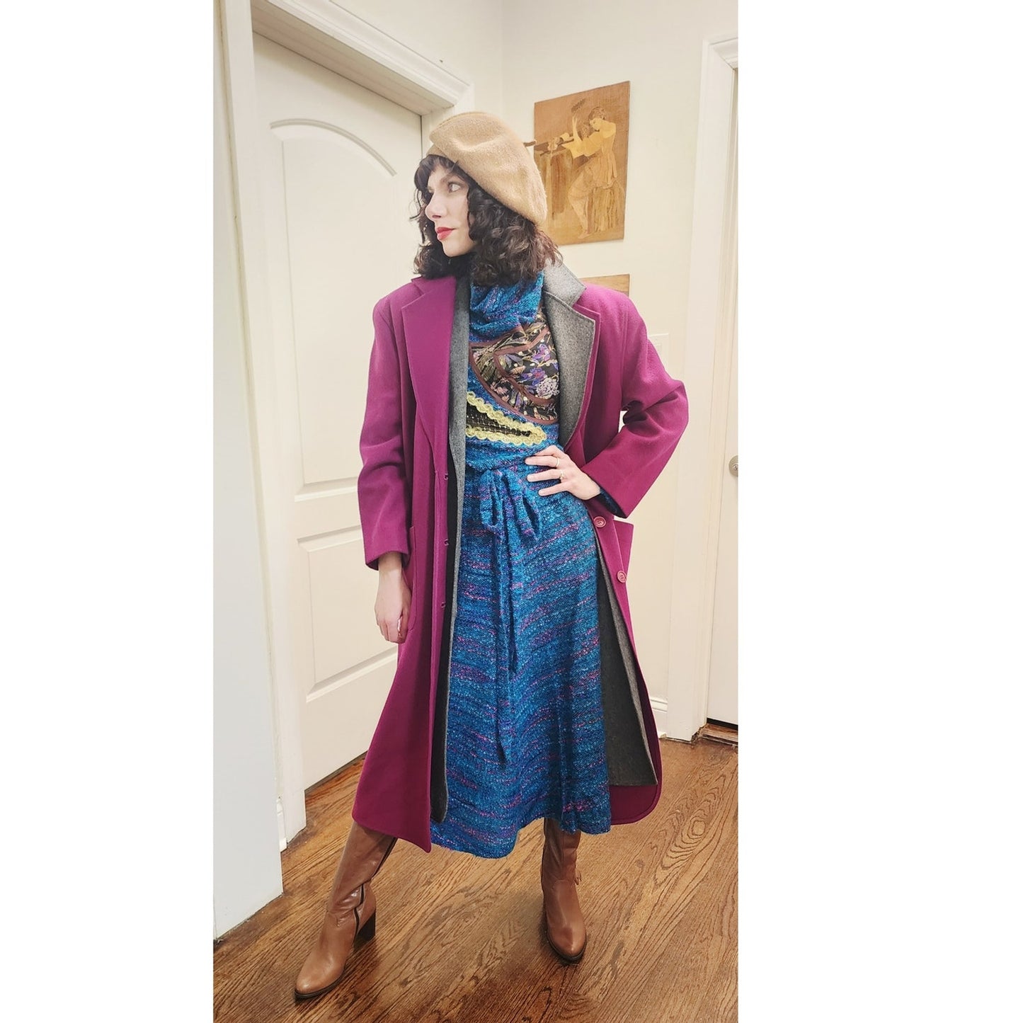 Vintage 80s Purple Wool Coat Perry Ellis Portfolio w/Removable Gray Liner Vest Duster