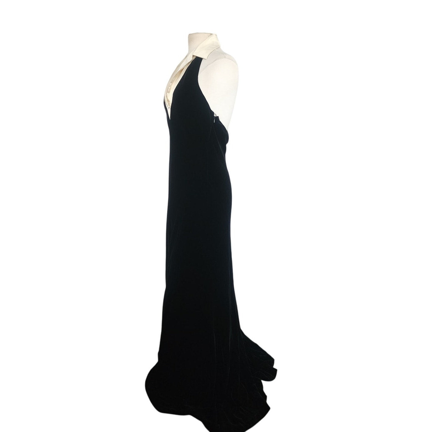 Vintage 1990s Ralph Lauren Evening Dress Black Velvet Halter Top Cream Silk Collar